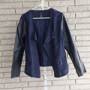 Alfani Blue Black Vegan Leather Mixed Media Asymmetrical Zip Moto Jacket…